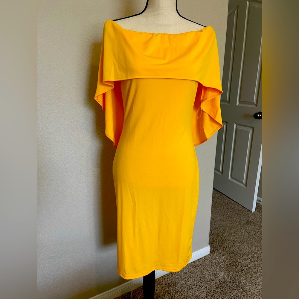 Golden yellow off shoulder cape dress